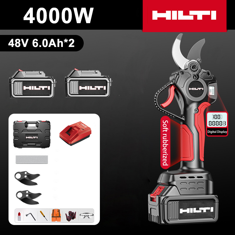 LED power display-(10 hours of battery life) 4000W brushless motor lithium battery pruning shears + 48V 6.0Ah batteries * 2 + charger + SK9 alloy blades * 2 + frosting strips * 1 + tool box + lubricating oil + goggles, 10-year warranty