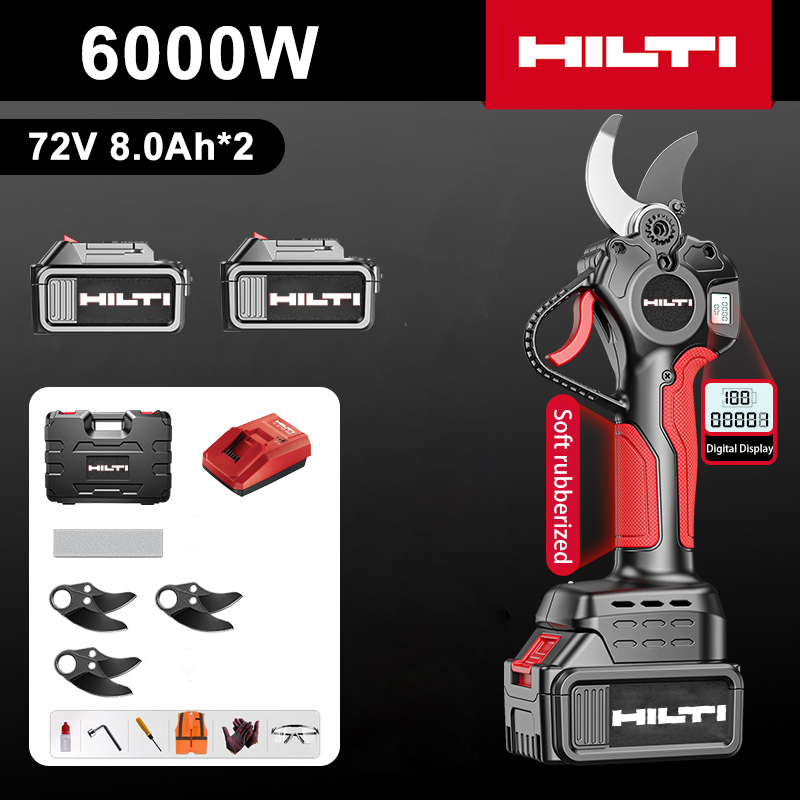 LED power display-(16 hours of battery life) 6000W brushless motor lithium battery pruning shears + 72V 8.0Ah batteries * 2 + charger + SK9 alloy blades * 3 + frosting strips * 1 + tool box + lubricating oil + goggles, 10-year warranty