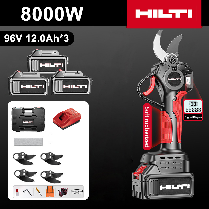 LED power display-(36 hours of battery life) 8000W brushless motor lithium battery pruning shears + 96V 12.0Ah batteries * 3 + charger + SK9 alloy blades * 4 + frosting strips * 1 + tool box + lubricating oil + goggles, 10-year warranty