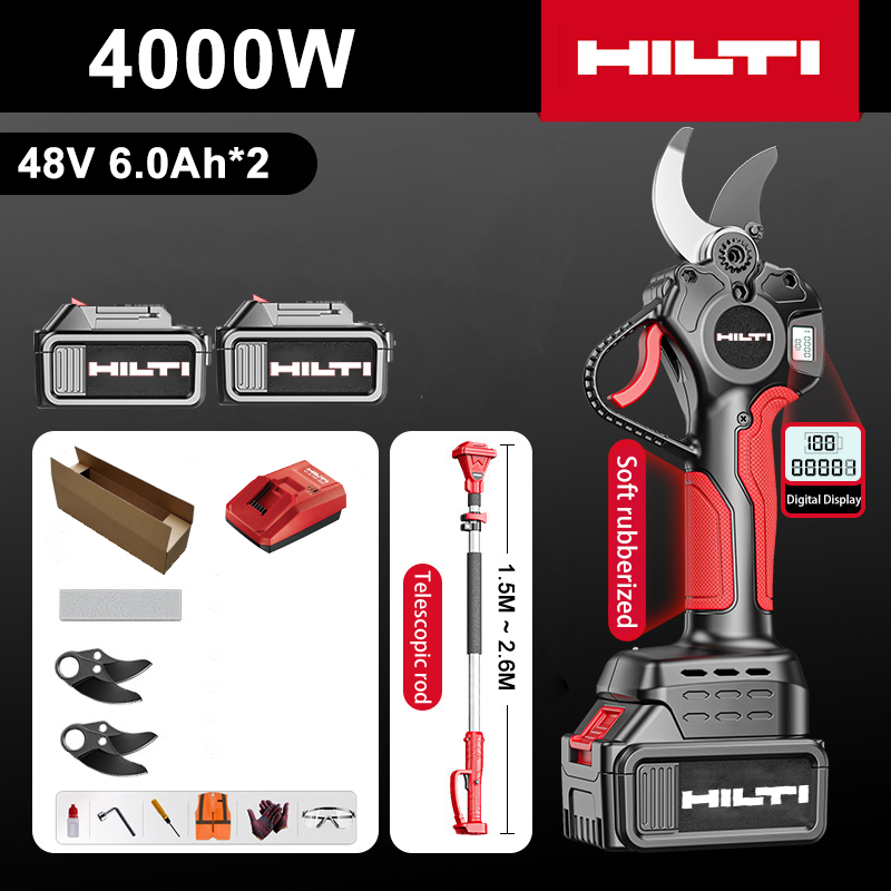 [Extension rod: 1.5M~4.6M] LED power display-(10 hours of battery life) 4000W brushless motor lithium battery pruning shears + 48V 6.0Ah battery * 2 + charger + SK9 alloy blade * 2 + frosting strip * 1 + tool box + lubricant + goggles, 10-year warranty
