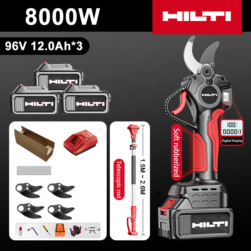 [Extension rod: 1.5M~4.6M] LED power display-(36 hours of battery life) 8000W brushless motor lithium battery pruning shears + 96V 12.0Ah battery * 3 + charger + SK9 alloy blade * 4 + frosting strip * 1 + tool box + lubricant + goggles, 10-year warranty